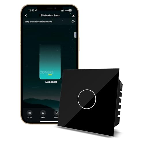CONBRE SW1 Wi-Fi Smart Modular Touch Switch for Home automation, Energy Monitoring, remote control | Suitable for gyser, AC and other devices upto 24A and 500W | Compatible with Alexa & Siri (Black)