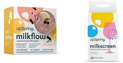 UpSpring Milkflow Immune Support Breastfeeding Supplement Drink Mix Fenugreek-Free, Moringa | Elderberry Lemonade Flavor | 16 Pack+Milkscreen 20 Test Strips to Detect Alcohol in Breast Milk