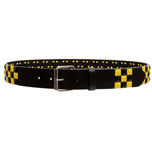 Snap On Punk Rock Star Studded Black & Yellow Checkerboard Leather Belt2