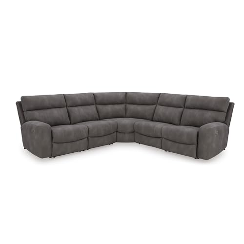 Signature Design by Ashley Contemporary Next-Gen DuraPella L-Shape Symmetrical Faux Leather 5-Piece Power Reclining Sectional with Adjustable Headrest and USB Charging Ports, Gray