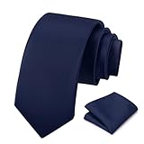 PenSee Men's Navy Blue Tie Set Solid Pure Color 3.15' (8CM) Classic Formal Plain Necktie and Pocket Square Set For Men