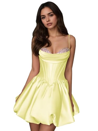 Ztikolen Yellow Homecoming Dress Short | Beaded Corset 2025 Satin Prom Gown for Fall Football Banquets & Pep Rallies