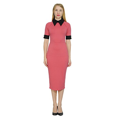 Marycrafts Women's Contrast Short Sleeve Collar Midi Dress Work Office