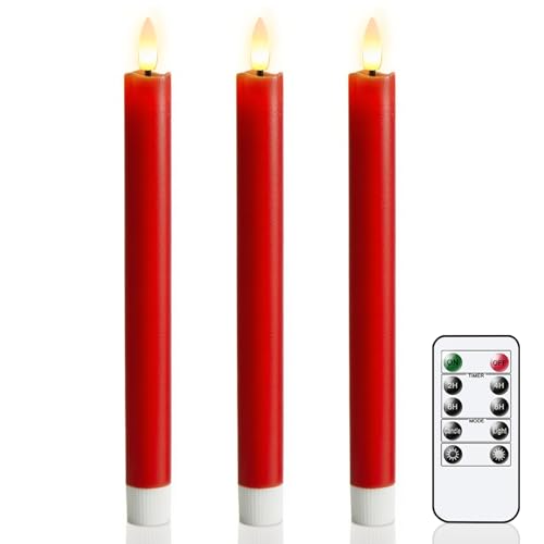 Image of Red Taper Candles Battery Operated, LED Christmas Flameless Taper Candles with Remote Timer, Real Wax LED Flameless Candlesticks for Christmas Home Decor(Set of 3, 0.78 inch x 9.6 inch)
