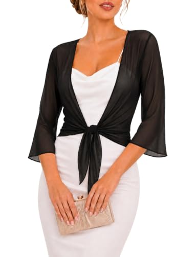 Quenteen - Quenteen Women's Bell Sleeve Bolero Shrug - Lightweight Tie Front Cropped Cardigan for Dresses, Black, Large - Best Deal on Amazon