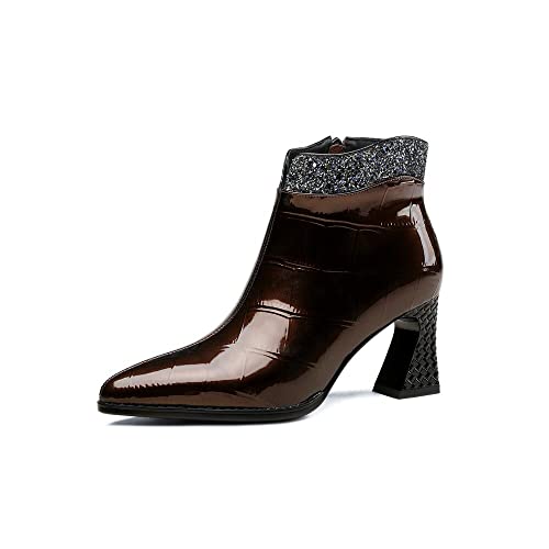 TinaCus Handmade Women's Patent Leather Glittering Plaid Printed Pointed Toe Side Zipper Mid Block Heel Ankle Boots Shoes