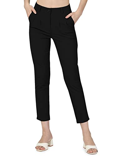 femiss Ladies Smart Work Trouser Women Tailored Pleated High Waist Tapered Leg Lightweight Casual Everyday Slim Fit Cropped Pants with Pockets (Black-6)