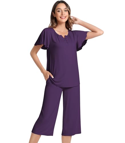 Image of NACHILA Women's Bamboo Viscose Pajamas Button V Neck Capri Pjs | Cooling pajamas, Breathable Fabric, Soft Touch, Sleep Comfort, Moisture-Wicking