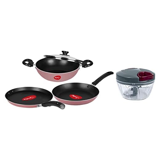 Pigeon by Stovekraft Basics Aluminium Non-Stick Cookware Set, Set of 3 (with one lid), Pink & Handy Mini Plastic Chopper with 3 Blades, Grey Combo