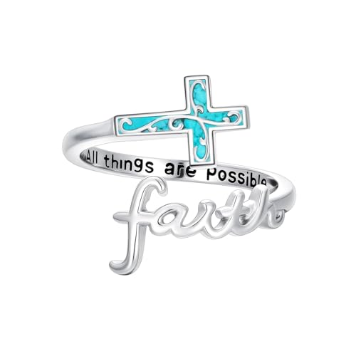 Bague ouverte en argent avec croix chrétienne et turquoise pour style quotidien