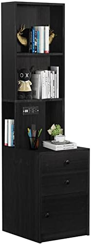 Black Nightstand with Charging Station, Bed Side Table/Night Stand with Drawers, Bedside Table with Open Shelf Storage, Tall End Table for Bedroom Living Room