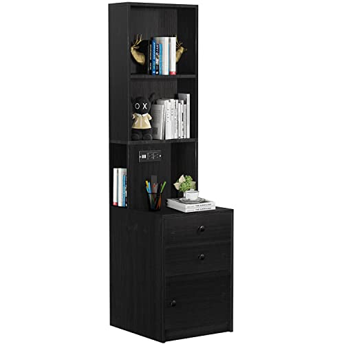 Black Nightstand With Charging Station, Bed Side Table/Night Stand With Drawers, Bedside Table With Open Shelf Storage, Tall End Table For Bedroom Living Room #TOP2