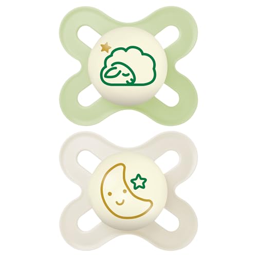 MAM Original Start Night Succhietto 0-2 Mesi (Set da 2), Ciuccio MAM 0-2 mesi che si illumina al buio con tettarella in caucciù, Kit da 2 accessori neonato con porta ciuccio sterilizzatore, Neutro