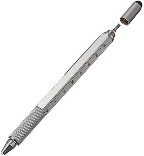 6 in 1 metal Multi-Purpose Engineer Smart Pen with Touch Screen stylus- Scale Ruler -Spirit Leveler -Screwdriver and ball pen-Silver