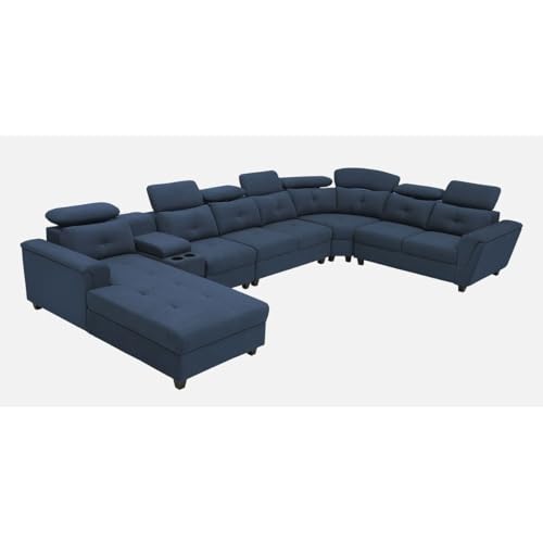 Image of Mishel 12 Seater Sofa Set for Living Room | Sectional U Shaped 12 Seater Sofa with Storage & Cupholder (Blue Fabric, LHS)