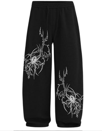 Image of Aesthetic Gothic Wide Leg Pants for Men | Tribal Print Baggy Streetwear | Oversized Track Pants with Elastic Waist | Black and White Relaxed Fit Bottoms