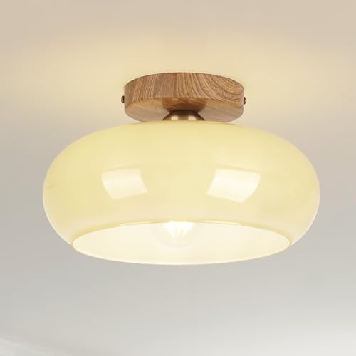 Image of Mid Century Modern Schoolhouse Semi Flush Mount Ceiling Light, Cream Glass Lamp with Wood Grain Metal Base, Rustic Farmhouse Lighting Fixture for Bedroom, Hallway, Dining, Living, Entryway
