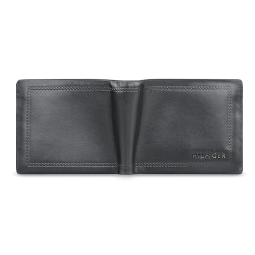 Image of Tommy Hilfiger Men's Leather Wallet Pelotas | Solid Black Passcase Bi-Fold with 12 Card Slots, Coin Pocket | Stylish Purse for Gents