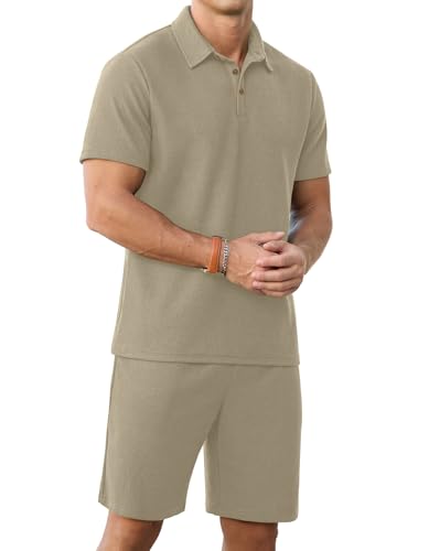 PrinStory Men's Summer Outfits Waffle Knit Polo Shirt and Shorts Set 2 Pieces Casual Tracksuit with Pockets3