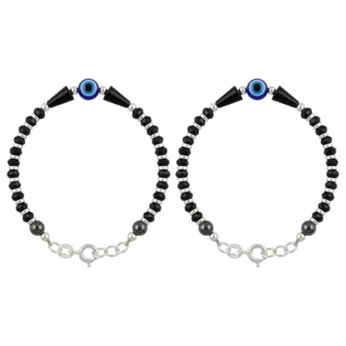 Image of Parnika (Formerly MJ 925 Traditional Silver & Black Crystals Baby Nazariya Kids Silver Bracelet in Pure 92.5 Sterling Silver for Kids - One pair