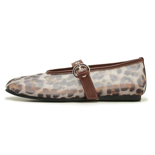 ATBELL Leopard Mesh Ballet Flat for Women Round Toe Buckle Strap Summer Mary Jane Flats Comfortable Casual Ballerina Shoes in Size 8