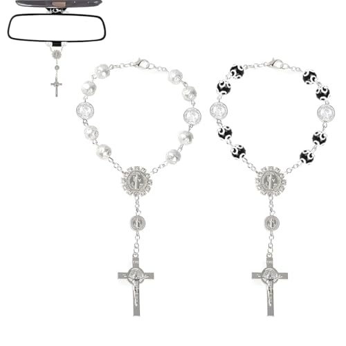 VONJUMA 2 Pièces Chapelet Voiture Accessoire Voiture Interieur Decoration Voiture Deco Voiture Pendentif Voiture Retroviseur Ornements Pour Rétroviseur Intérieur Pour Femme Homme Noir Blanc