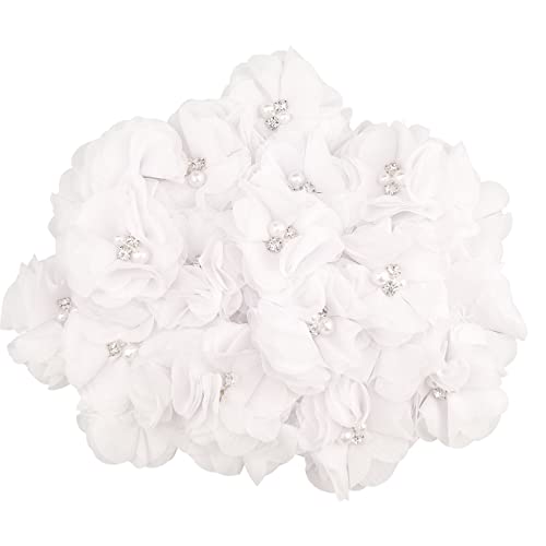 30 PCS Rhinestone Pearl White Chiffon Flower Sewing...