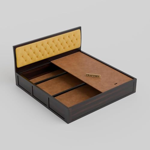 Image of Solid Sheesham Wood King Size Bed with Box Storage | Yellow Upholstered Cushion Headboard | Wooden Double Bed for Bedroom | Cot /Palang /Mancham | Walnut Finish