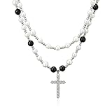 IDOKAWA Cross Necklace for Men Black White Pearl Necklace Stainless Steel Necklace 10mm Double Layer