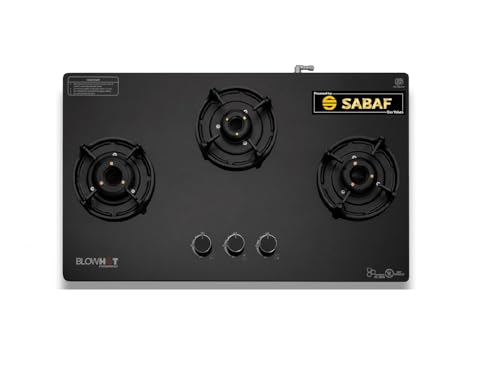 Image of BLOWHOT Amber 3 Burner Gas Stove, Manual-Ignition, Coated Forged Indian Brass Burners, Hybrid Design, SABAF Gas Valve, 2 Years Warranty on Burner, 5 Years Warranty By Blowhot on Glass & Gas Valve