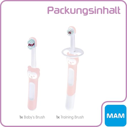 MAM Learn to Brush Set, Baby Zahnbürste mit langem Griff zum gemeinsamen Halten, Kinderzahnbürste trainiert das Zähneputzen, ab 5+ Monate, rosa – Bild 4
