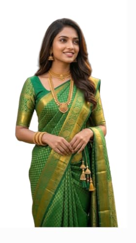 Image of VFCollections Women's Traditional Handloom Kanchipuram Silk Pure Pattu Sarees | Rich Zari Woven Design | Bridal Saree | Unstitched Blouse