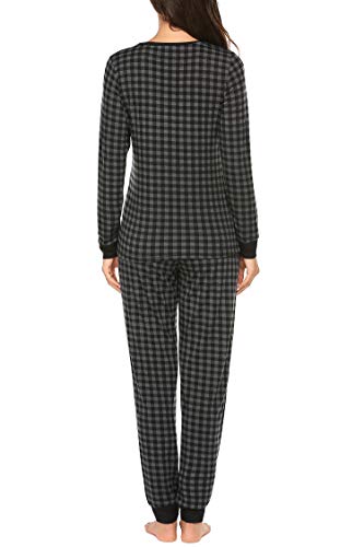 Ekouaer Sleepwear Set Plaid Lounge Wear Tops Stretchy Elastic Pants Pajama For Autumn And Winter Pattern3 L #TOP4