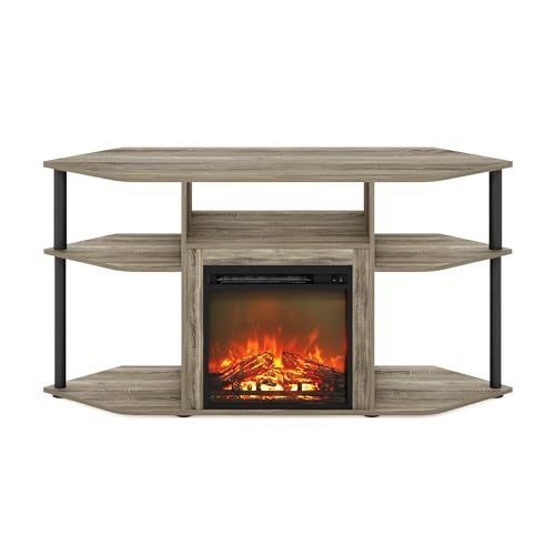 Image of Furinno Jensen Fireplace TV Stand, Corner Entertainment Center, TV Console for TV up to 55 Inch with Fireplace, Plastic Poles and Open Storage, for Living Room, Bedroom, French Oak Grey