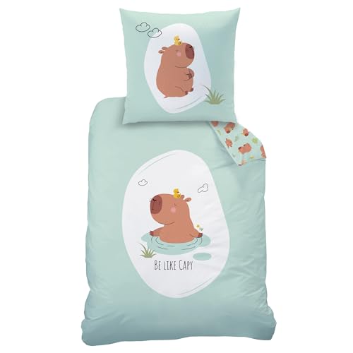 MTOnlinehandel Capybara Bettwäsche 135x200 + 80x80 cm Renforcé Baumwolle Öko-Tex Zertifiziert Reißverschluss süßes Capybara Motiv Be Like Capy Kinder & Teenager Geschenk