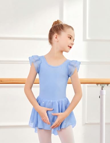 Image of Arshiner Girls Shiny Ruffle Sleeve Ballet Leotard with Skirt Criss-Cross Back Dance Dresses