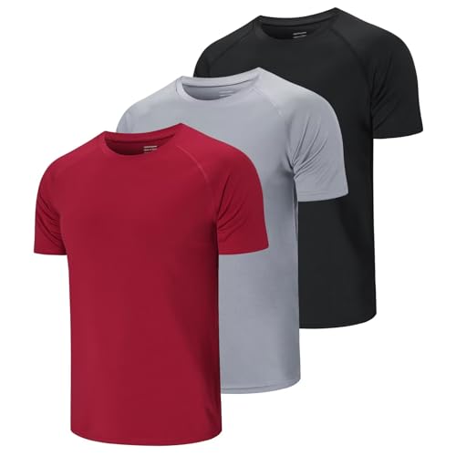 Gaiatiger 3 Pack Mens T-Shirts Gym Tops Quick Dry Sport Running Shirts Breathable Cool Workout Tops,590-Black Grey Red-L