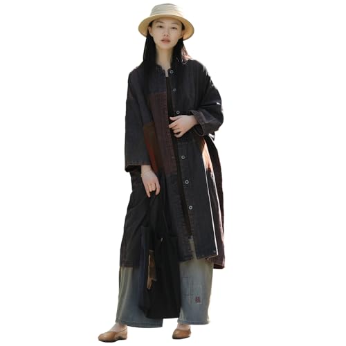Women's Vintage Distressed Denim Trench Coat Oversized Long Jean Jacket Boho Streetwear Style
