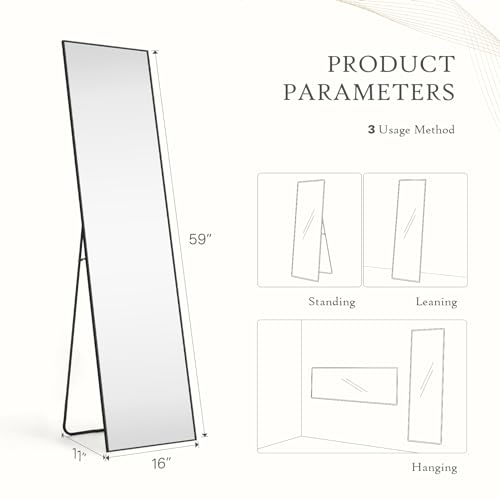 Aidoly Mirror Full Length, Upgraded 16\"x59\" Body Wall Mirrors with Shatter-Proof Glass, Floor Standing, Hanging or Leaning, Tall Mirror with Stand Aluminum Alloy Frame for Bedroom, Black
