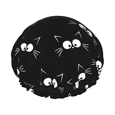 EDJKEJYCO Shower Hat, Cute Black Cat Pattern Shower Cap, Double Layer Waterproof Bath Cap PEVA Lining Design for Women Men Cover