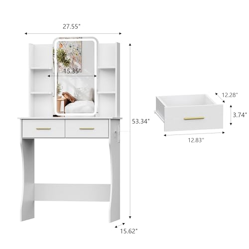 Image of HUANLEGO Small Pink Vanity Desk with Mirror and Lights for Women Girls | Vanity Mirror with Lights, 3 Lighting Adjustable, LED Light Strips, Built-in Power Outlet, Compact Dressing Table For Girls