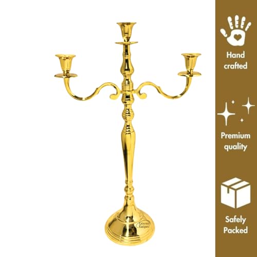 Image of Decorative Aluminum Brass Gold Plated Three Arm Candelstick Holder Stand for Dinning Table | Centerpiece Decor | Wedding Gift |
