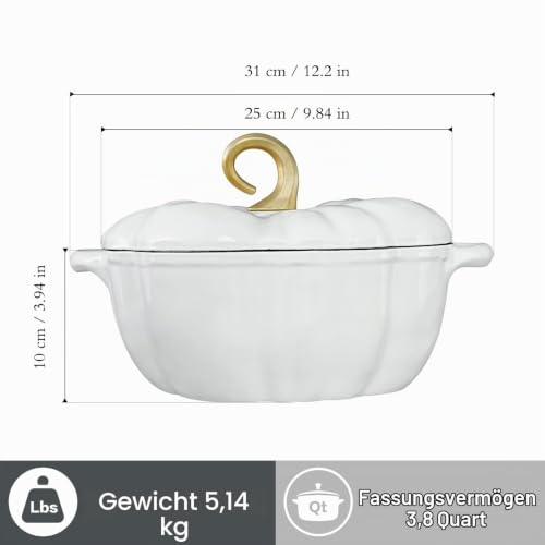 Flavehc Kürbis Dutch Oven Mit Deckel 3,8 Qt - Weißer Emaillierter Gusseisen Topf Mit Griffen für Brot Backen – Ansicht 5