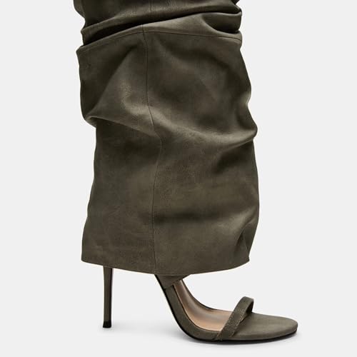 Yishaweiqi Slouched Ruched Knee High Heels for Women Round Open Toe Stiletto Heels Pull On Wide Calf Sandals3