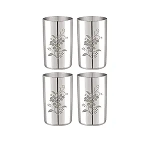 Neelam Stainless Steel 7 22G Lazer Etching Amrapali Glass, 400 ml, Silver, Set of 4