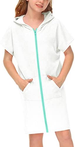 BesserBay Big Boy Girl Terry Zip Up Swim Cover Up Solid White Short Sleeve Beach Towel #2 13-14 Years