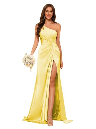 Image of vintys Women's One Shoulder Ruched Bridesmaid Dresses Long with Slit Satin Formal Prom Dress VS117