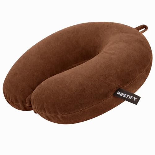 Image of Restify Premium Memory Foam Travel Neck Pillow | Soft Velvet U Shape Neck Support Cushion for Flight, Airplane, Car & Office Travel | Portable Pillow for Men & Women | Brown