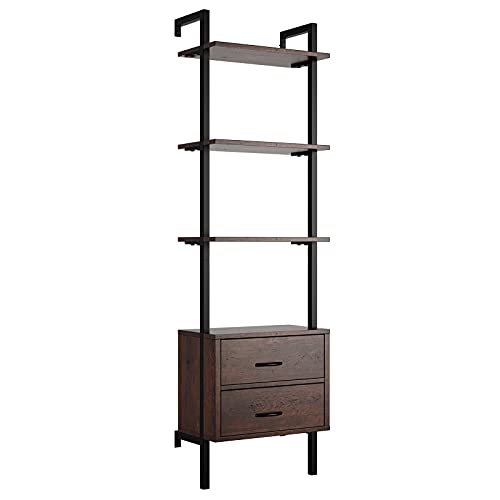 HOMECHO Ladder Bookshelf, 4-Tier Ladder Bookcase with 2 Fabric Drawers, Tall Display Shelves Storage Cabinet for Home Office, Wood and Metal Frame, Cherry