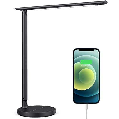 LED Schreibtischlampe, HETP Tischleuchte [Flexible - Dimmbar] Touch Tischlampe mit USB-Aufladung, 7 Helligkeitsstufen, Touch-Steuerung, Merkfunktion,Augenschutz Tageslichtlampe für Studie,Büro Schwarz Cover